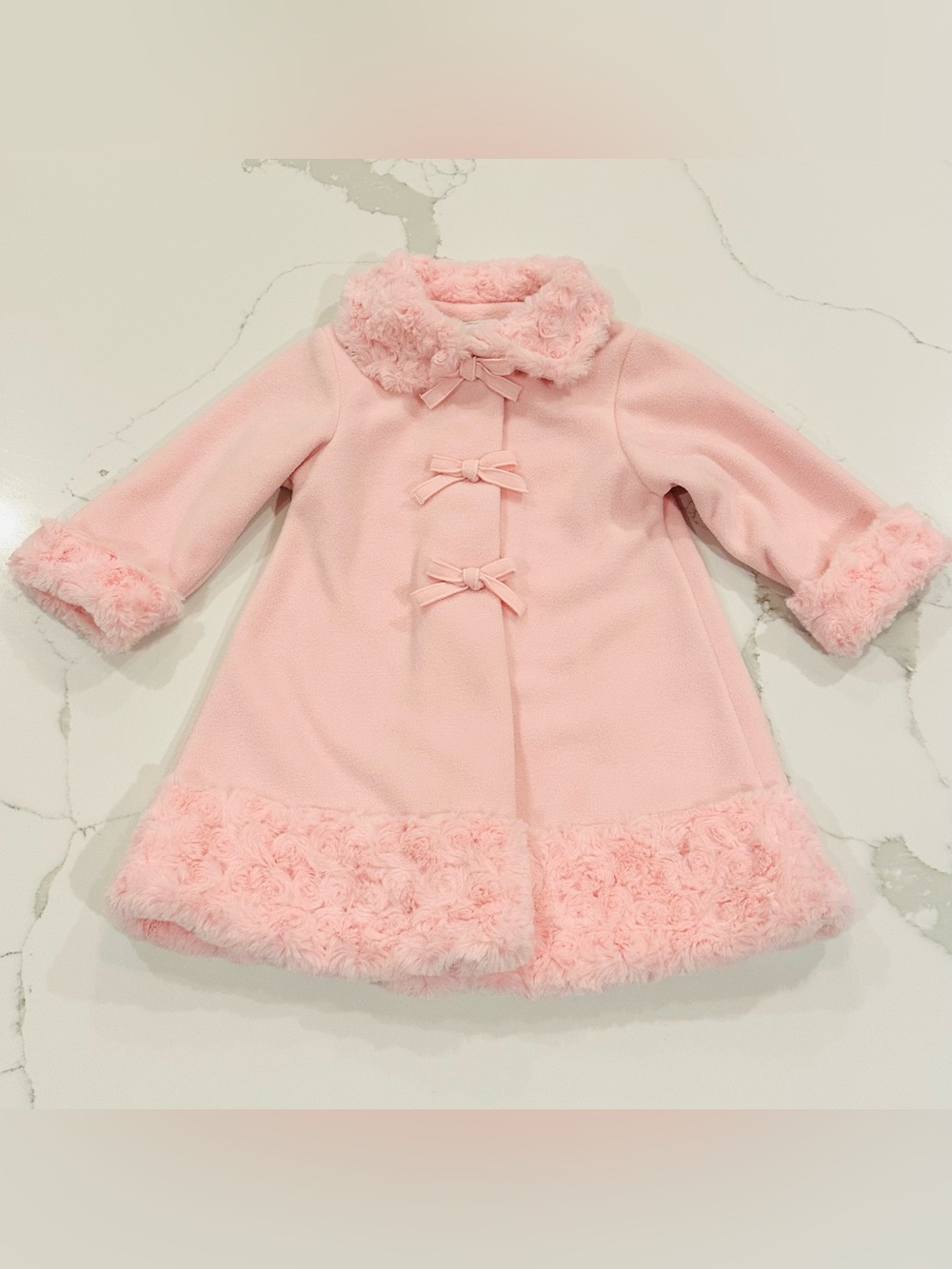 Starting Out Baby Girl Pink Dress Winter Coat Faux Fur Rose Swirl Trim Bows 18M